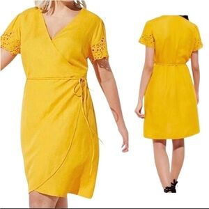 Loft Yellow Linen Blend Eyelet Sleeve Wrap Dress Size XS